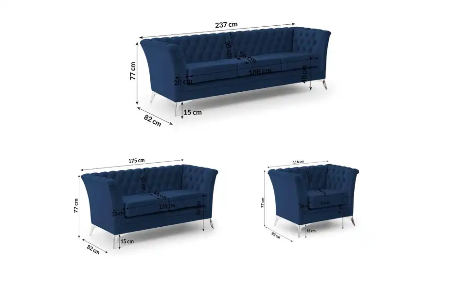 Chesterfield Polstergarnitur 3+2+1 Wilhelm, Bemaßung