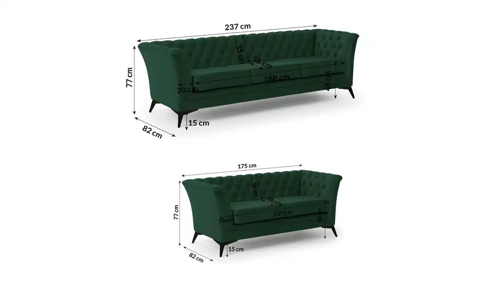 Chesterfield Polstergarnitur 3+2 Wilhelm, Bemaßung