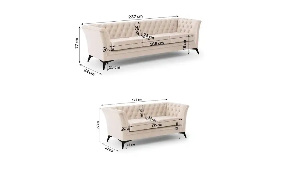 Chesterfield Polstergarnitur 3+2 Wilhelm, Bemaßung