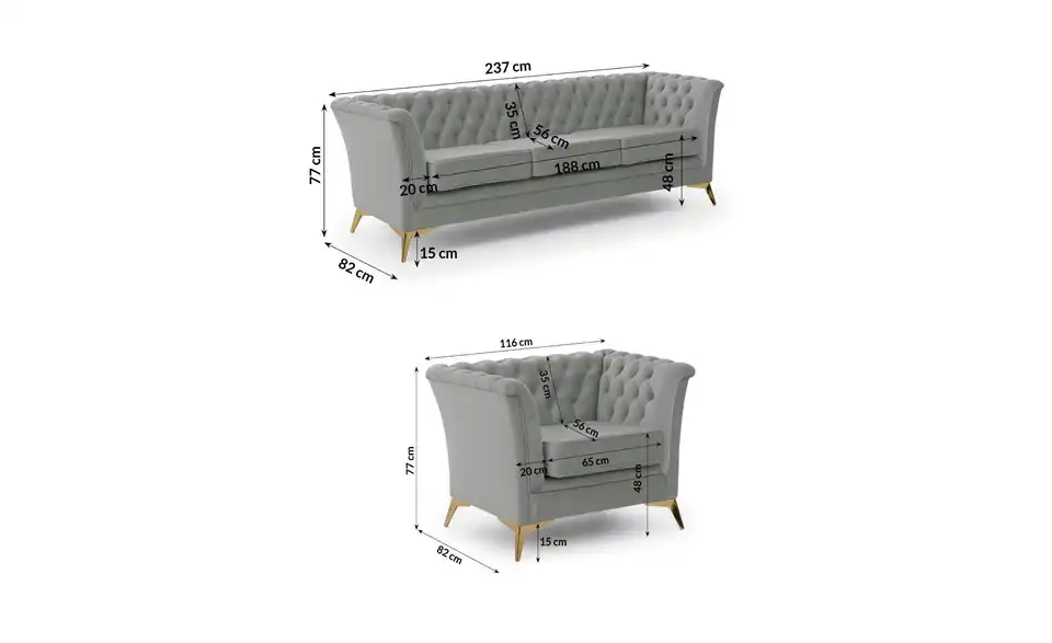 Chesterfield Polstergarnitur 3+1 Wilhelm, Bemaßung