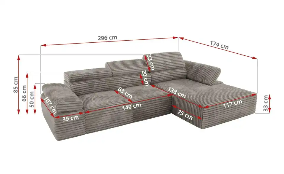 Ecksofa Grau, Bemaßung
