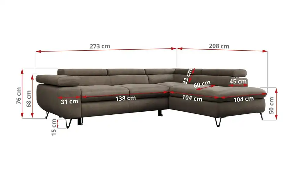 Ecksofa Braun, Bemaßung