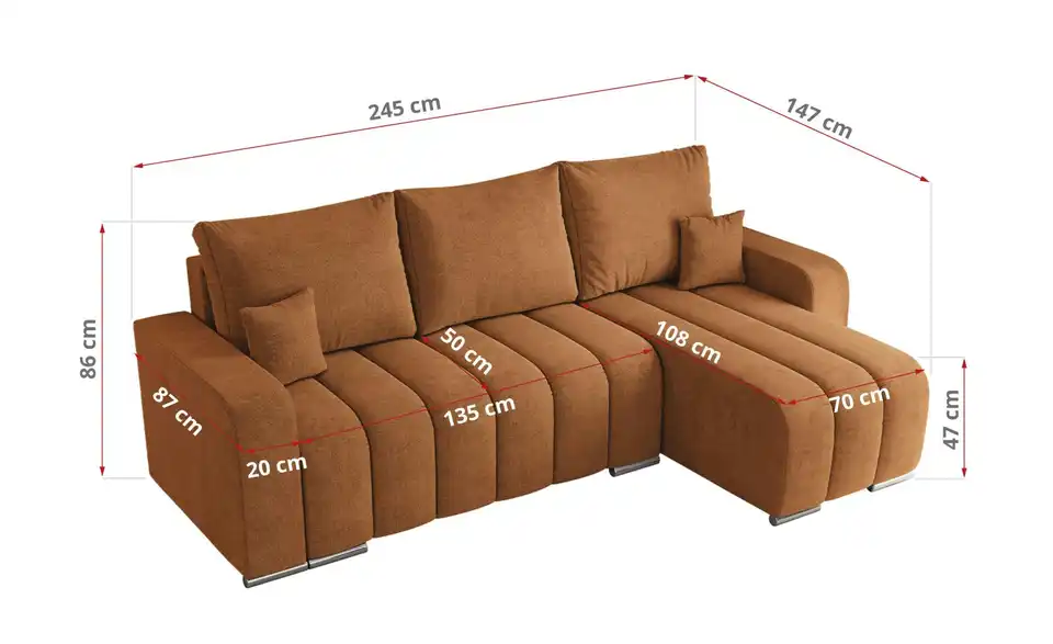 Ecksofa Orange, Bemaßung