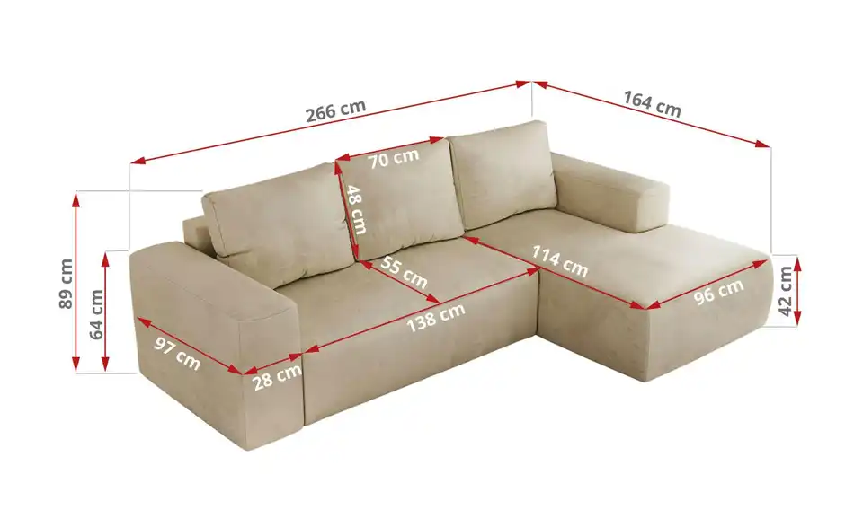 Ecksofa Beige, Bemaßung