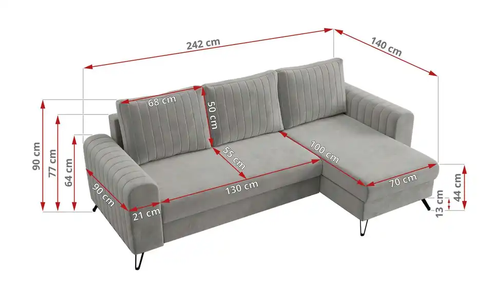 Ecksofa Axel mit Schlaffunktion, Bemaßung