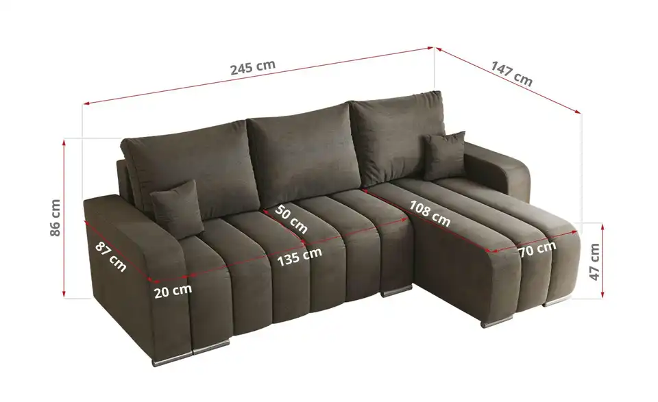 Ecksofa Dunkelgrau, Bemaßung