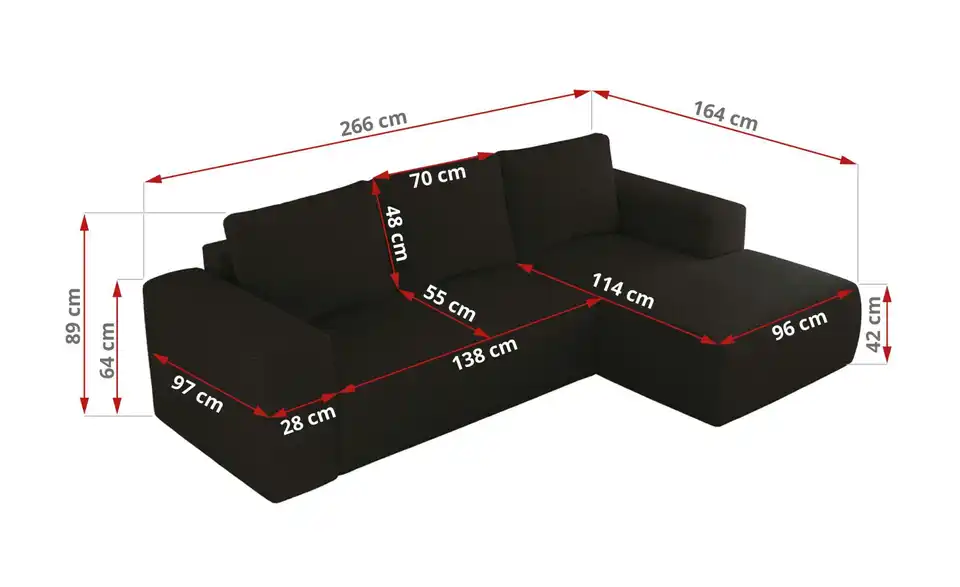 Ecksofa Schwarz, Bemaßung