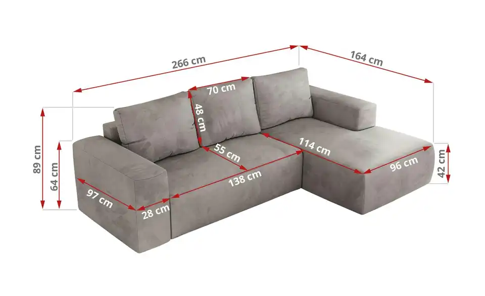 Ecksofa Hellgrau, Bemaßung