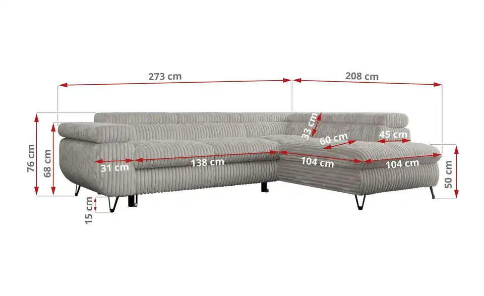 Ecksofa Hellgrau, Bemaßung