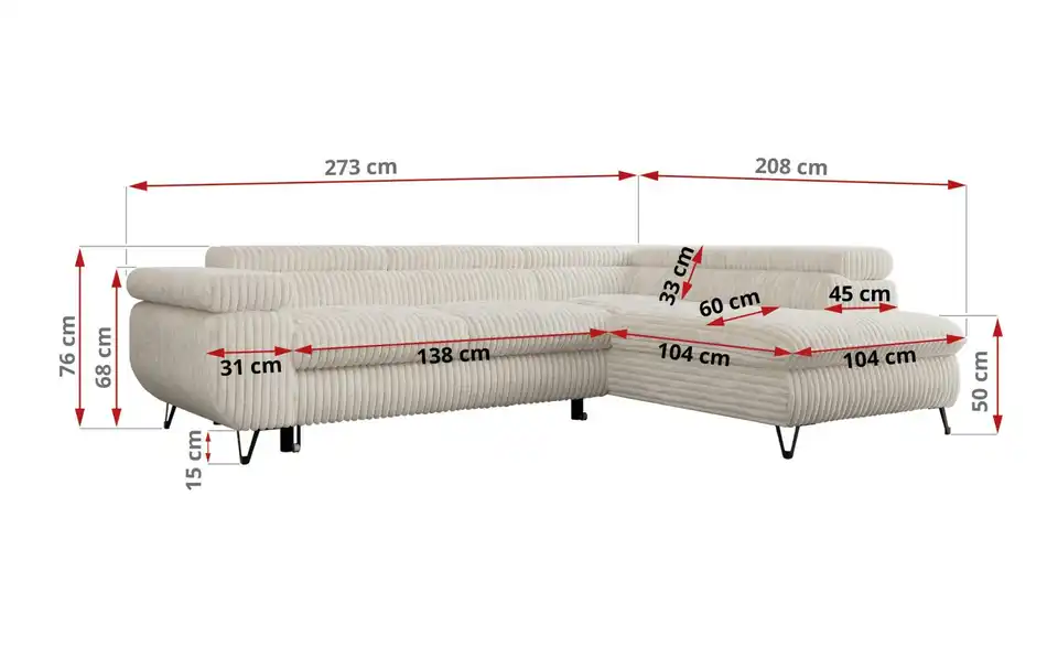 Ecksofa Beige, Bemaßung