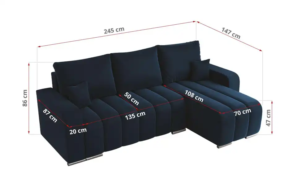 Ecksofa Dunkelblau, Bemaßung
