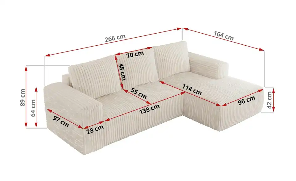Ecksofa Beige, Bemaßung