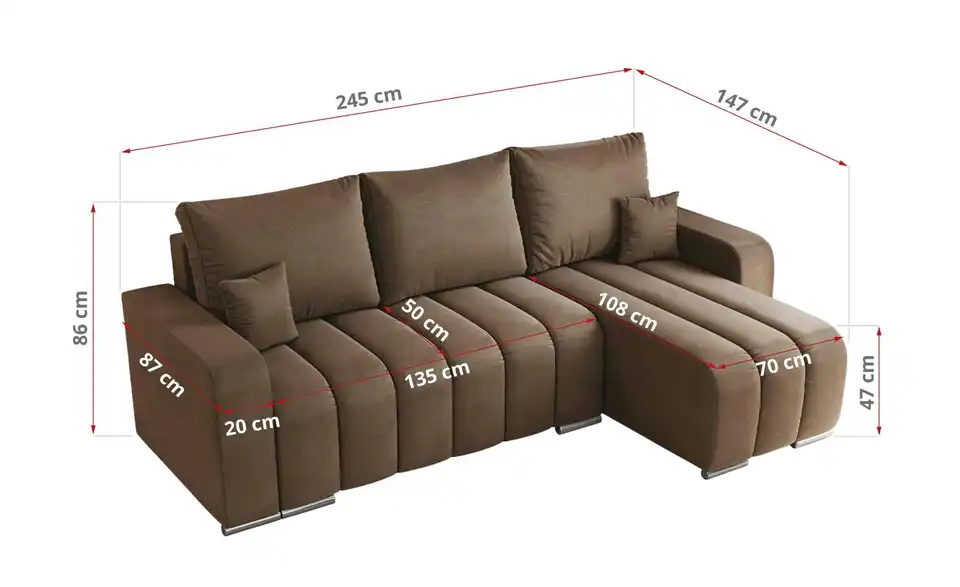 Ecksofa Braun, Bemaßung