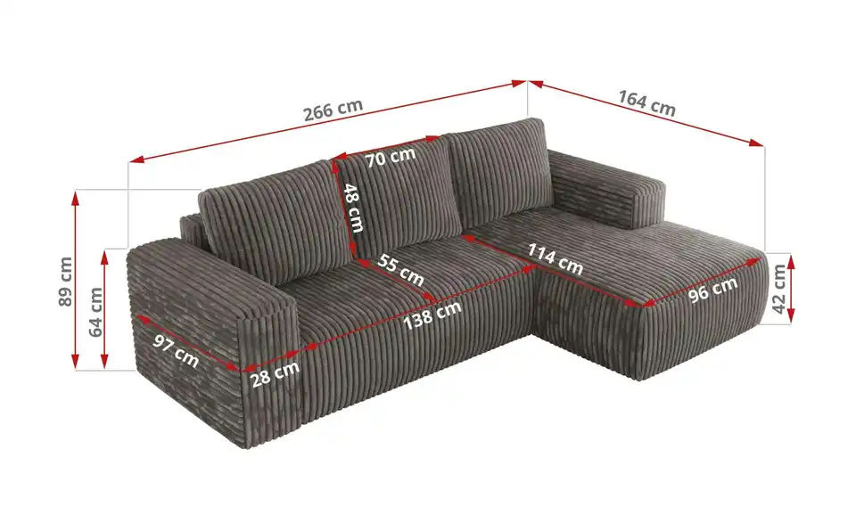 Ecksofa Dunkelgrau, Bemaßung