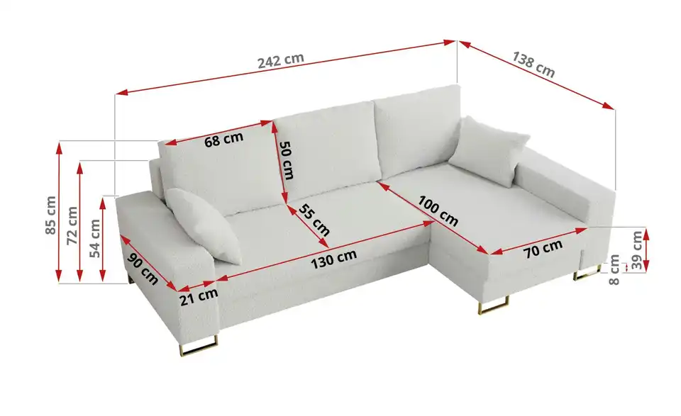 Ecksofa Weiß, Bemaßung