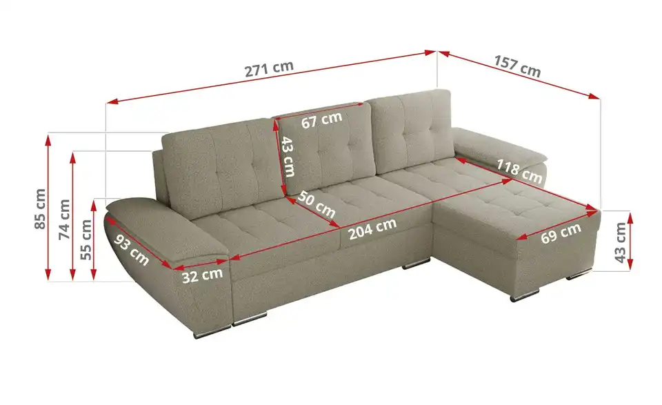Ecksofa Umbria mit Schlaffunktion, Bemaßung