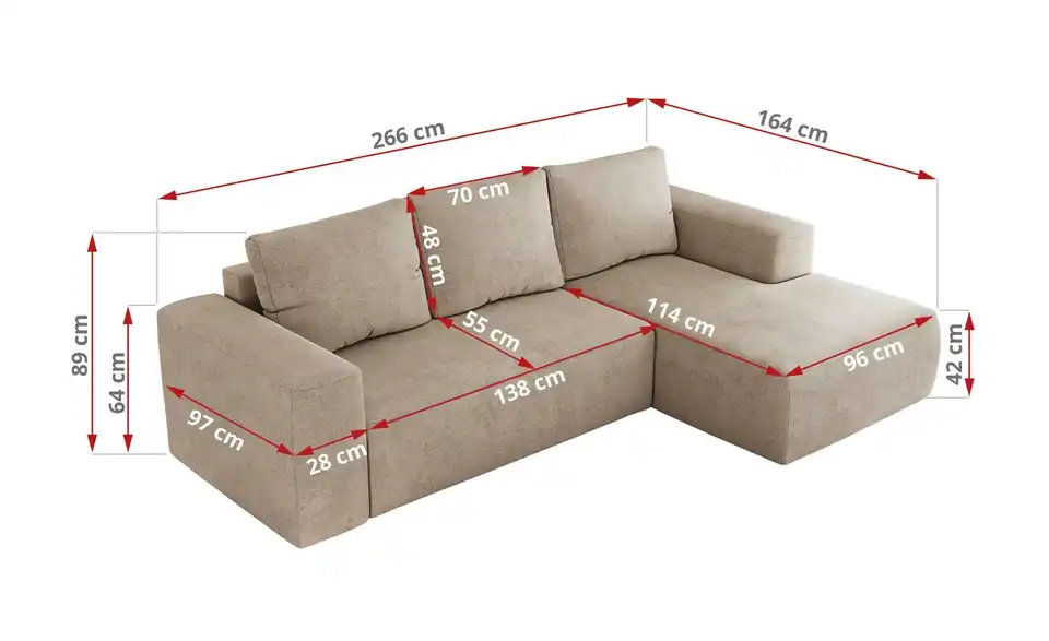 Ecksofa Beige, Bemaßung