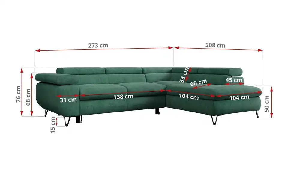 Ecksofa Grün, Bemaßung