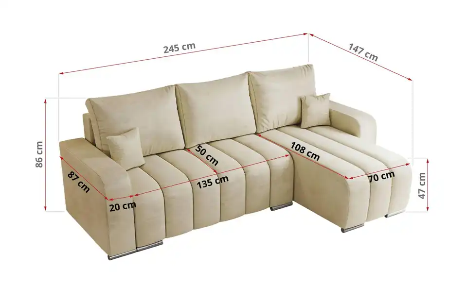 Ecksofa Beige, Bemaßung