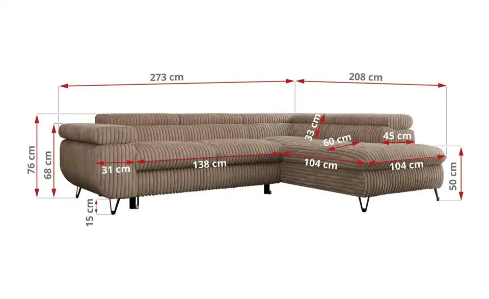 Ecksofa Braun, Bemaßung