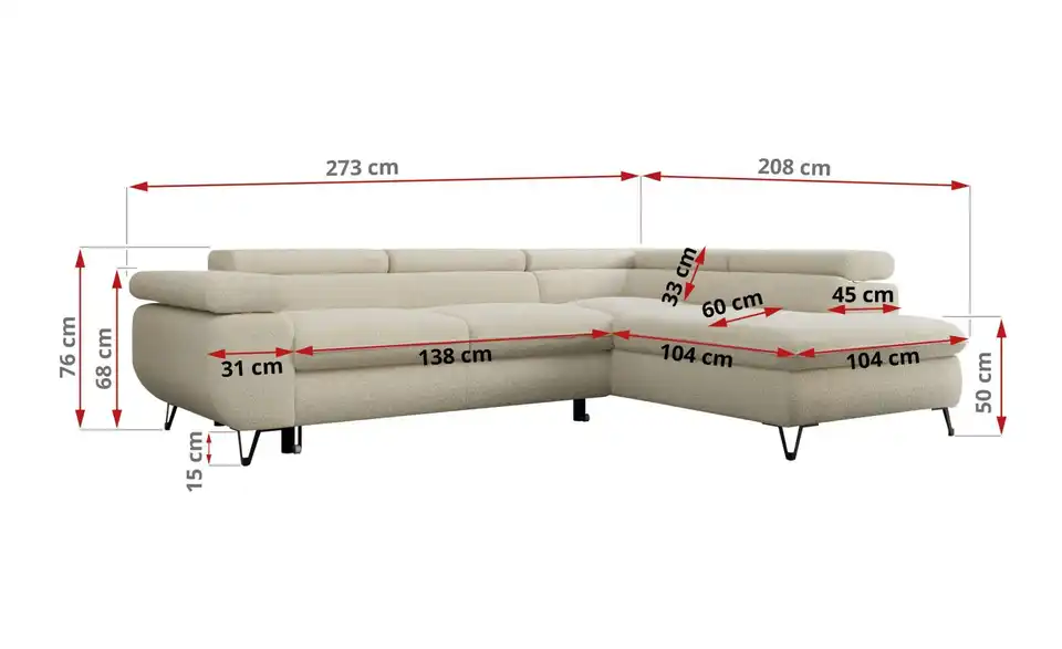 Ecksofa Beige, Bemaßung