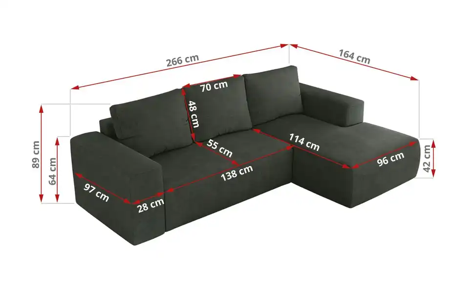 Ecksofa Dunkelgrau, Bemaßung