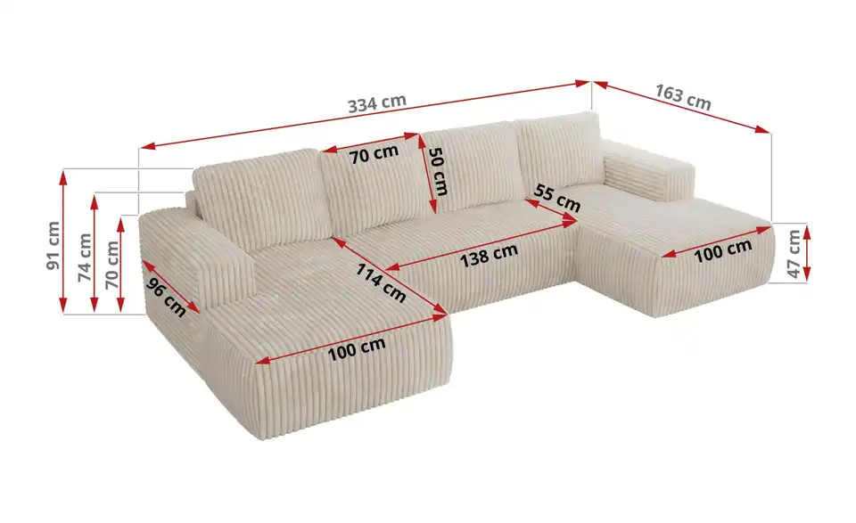 Wohnlandschaft Creme, Bemaßung