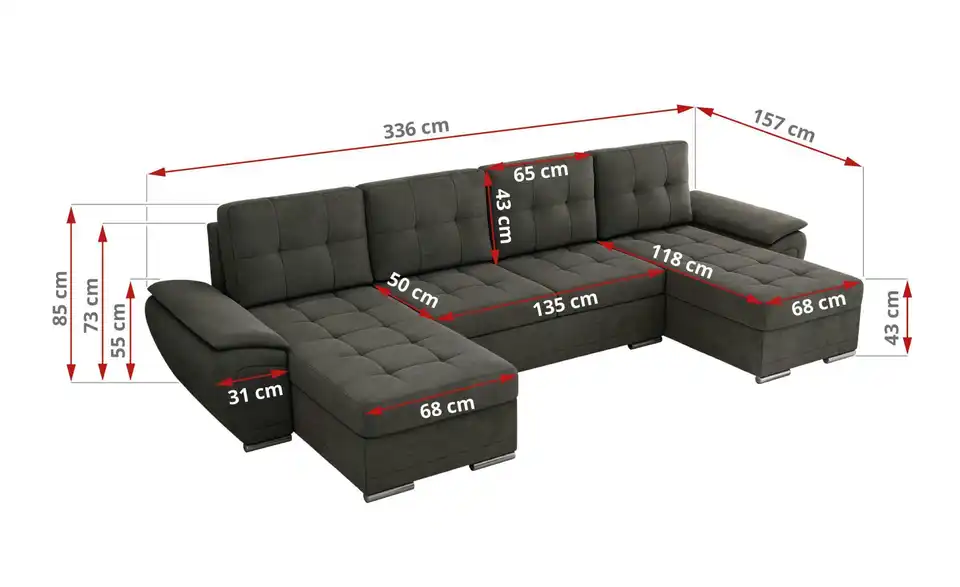 Wohnlandschaft Umbria mit Schlaffunktion, Bemaßung