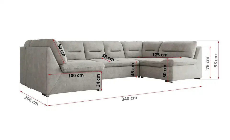 Wohnlandschaft Hellgrau, Bemaßung