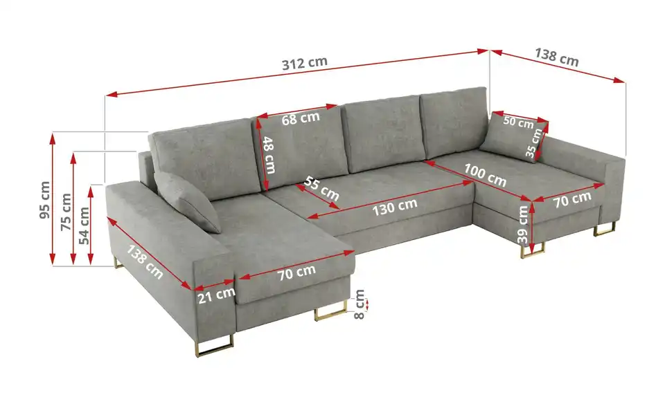 Wohnlandschaft Hellgrau, Bemaßung