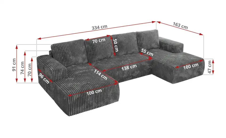 Wohnlandschaft Dunkelgrau, Bemaßung