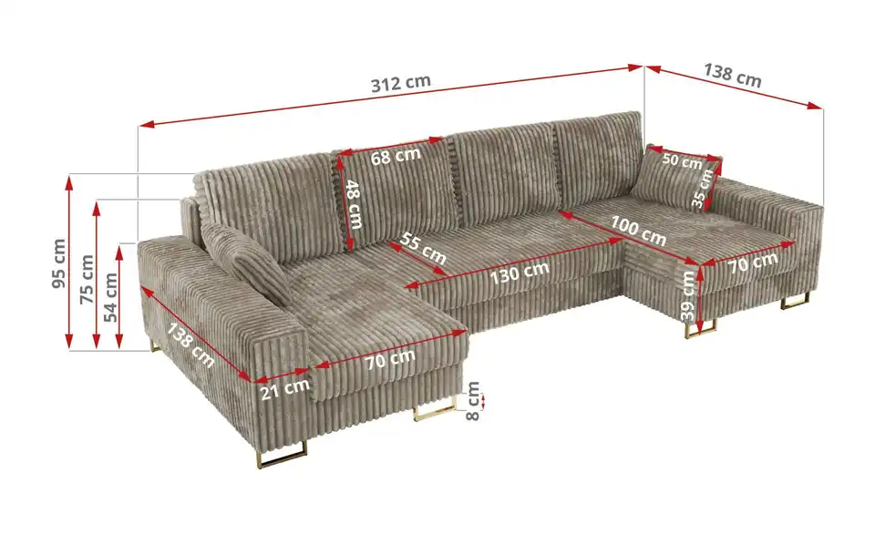 Wohnlandschaft Hellbraun, Bemaßung