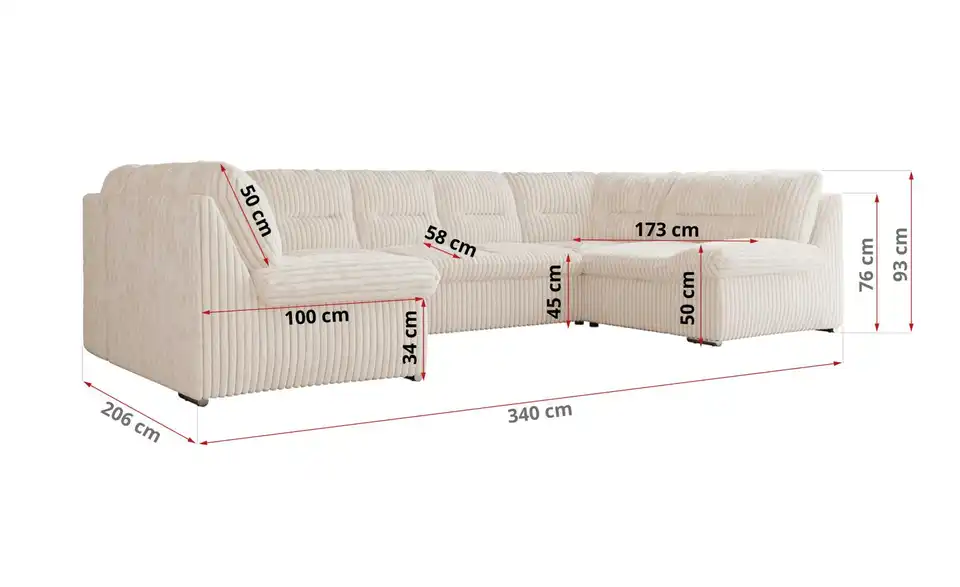 Wohnlandschaft Hellgrau, Bemaßung