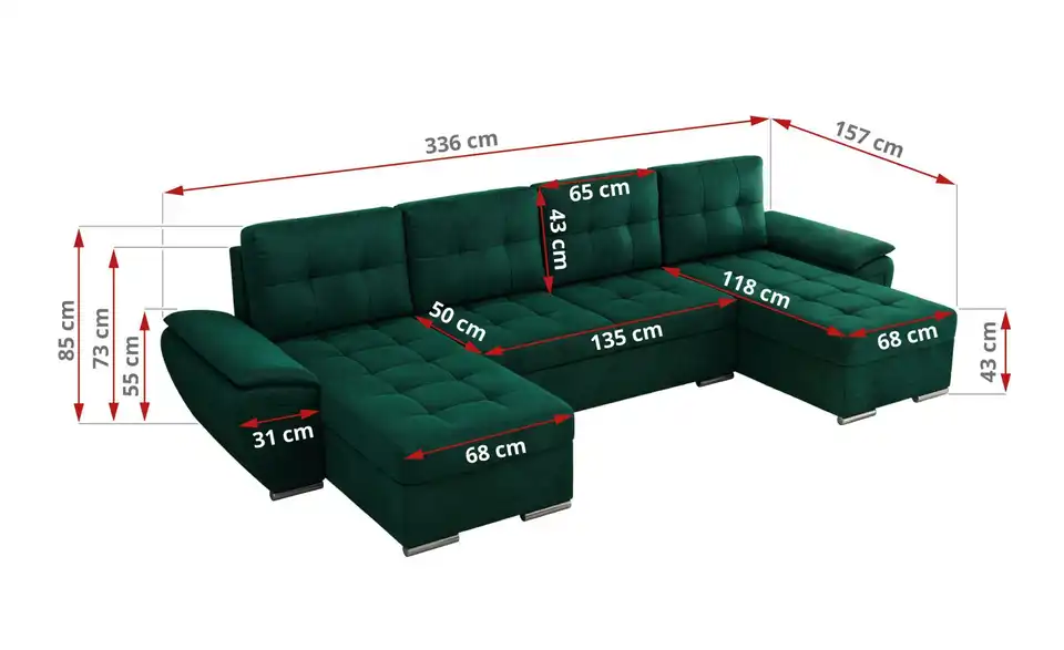 Wohnlandschaft Umbria mit Schlaffunktion, Bemaßung