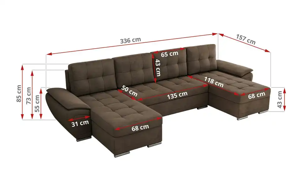 Wohnlandschaft Umbria mit Schlaffunktion, Bemaßung