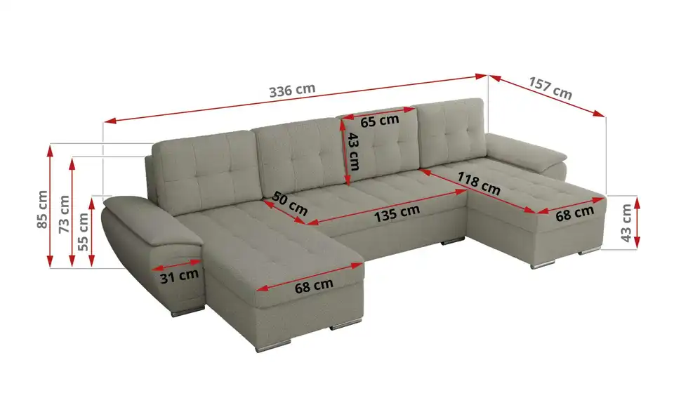 Wohnlandschaft Umbria mit Schlaffunktion, Bemaßung