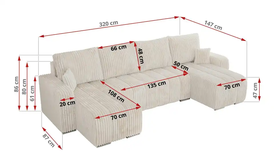 Wohnlandschaft Creme, Bemaßung