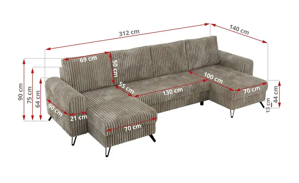 Wohnlandschaft Hellbraun, Bemaßung