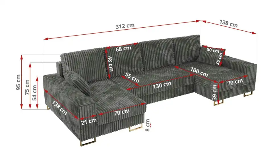 Wohnlandschaft Dorain mit Schlaffunktion, Bemaßung