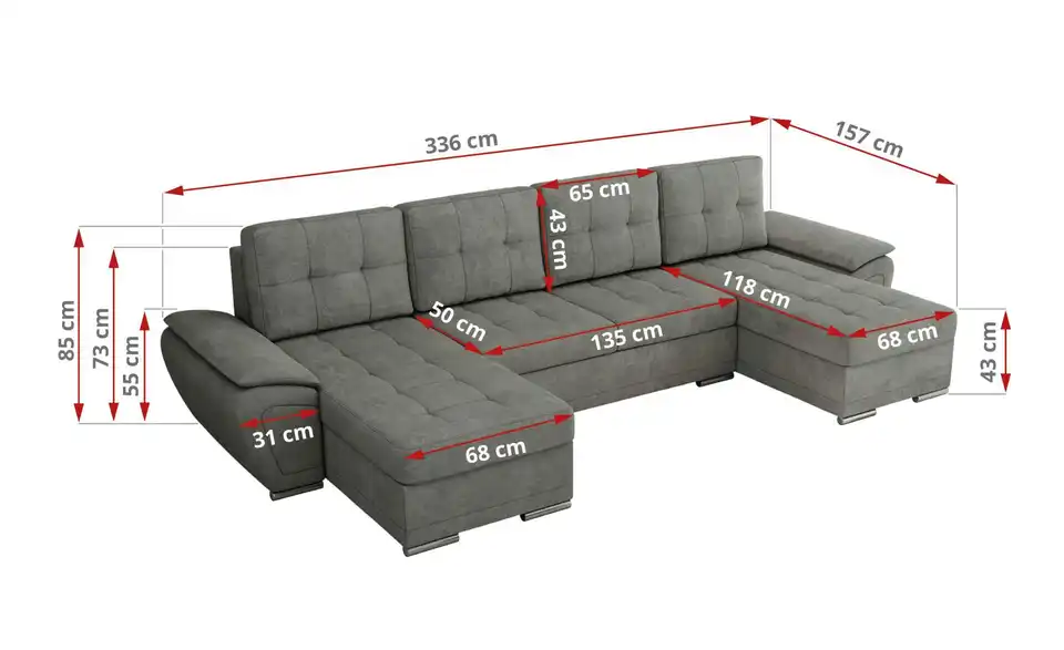 Wohnlandschaft Umbria mit Schlaffunktion, Bemaßung