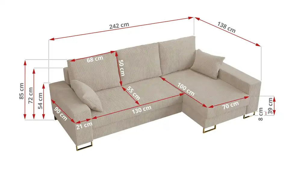 Ecksofa Beige, Bemaßung