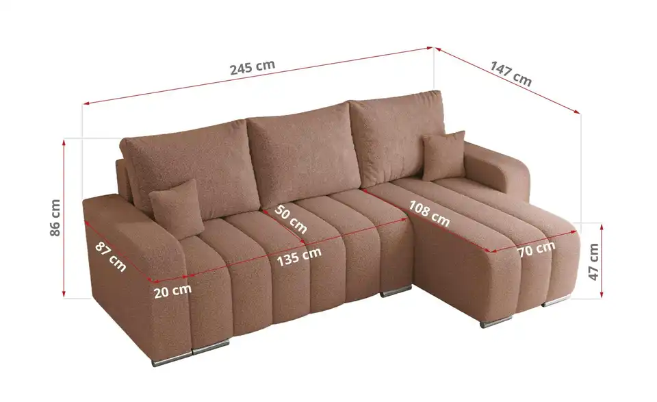 Ecksofa Rosa, Bemaßung