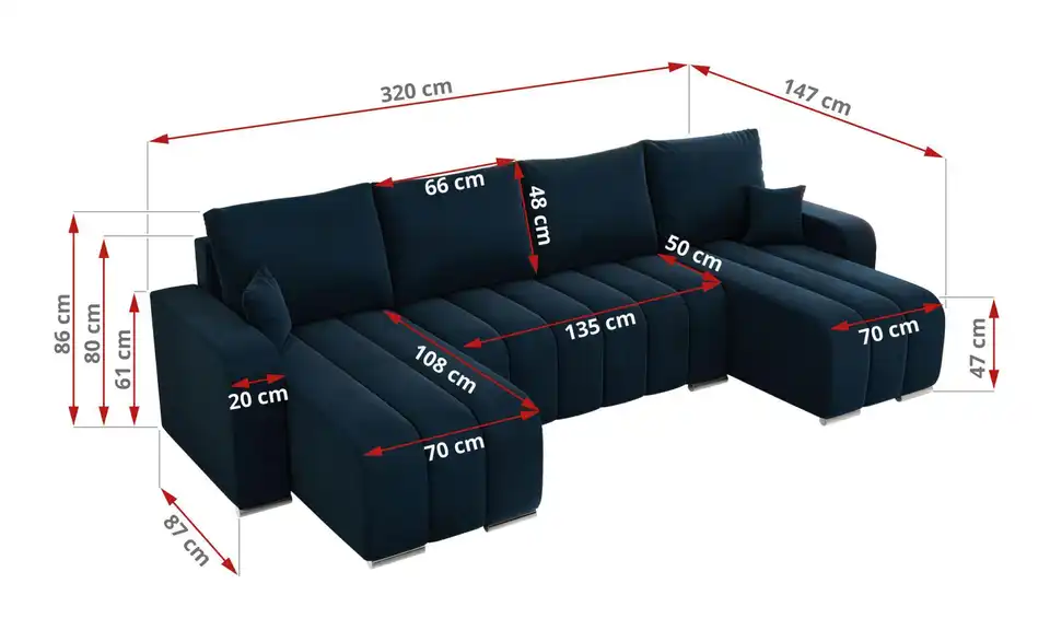 Wohnlandschaft Dunkelblau, Bemaßung