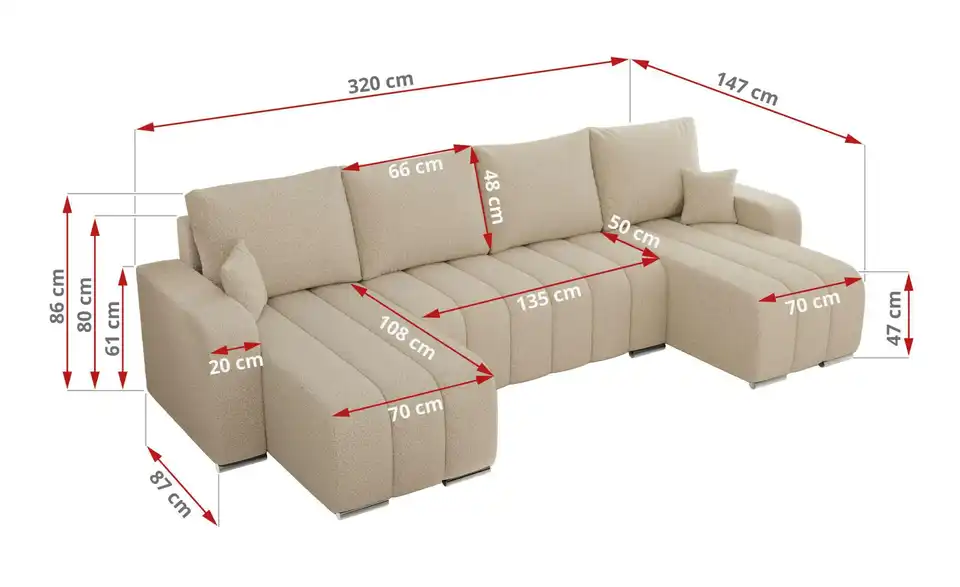 Wohnlandschaft Beige, Bemaßung