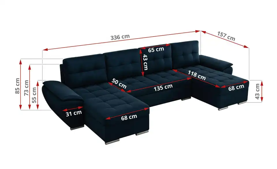 Wohnlandschaft Umbria mit Schlaffunktion, Bemaßung