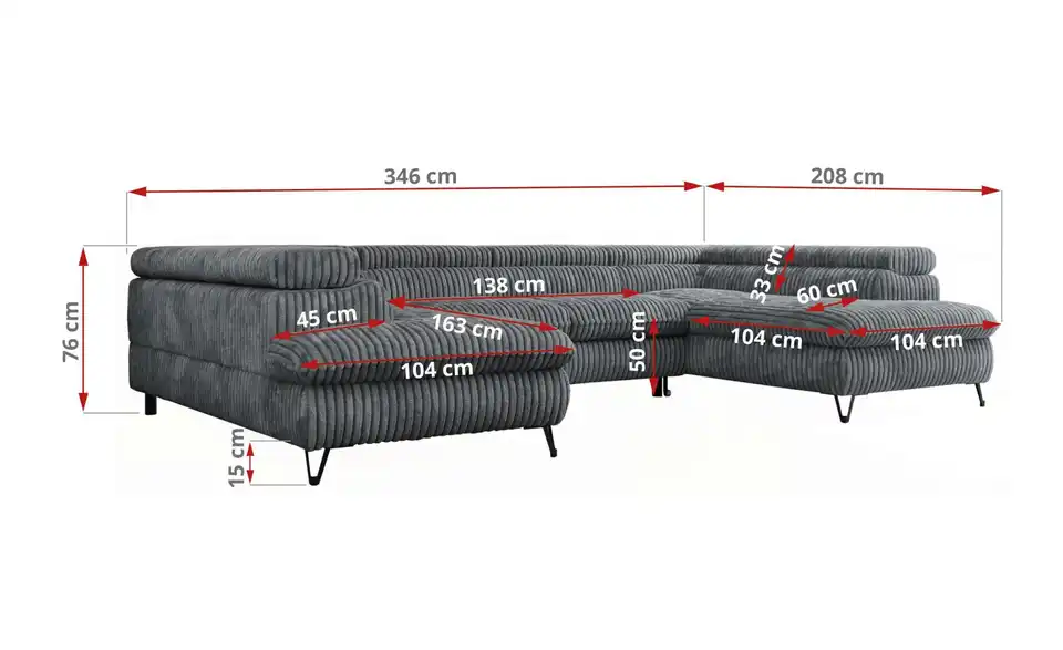 Wohnlandschaft Dunkelgrau, Bemaßung