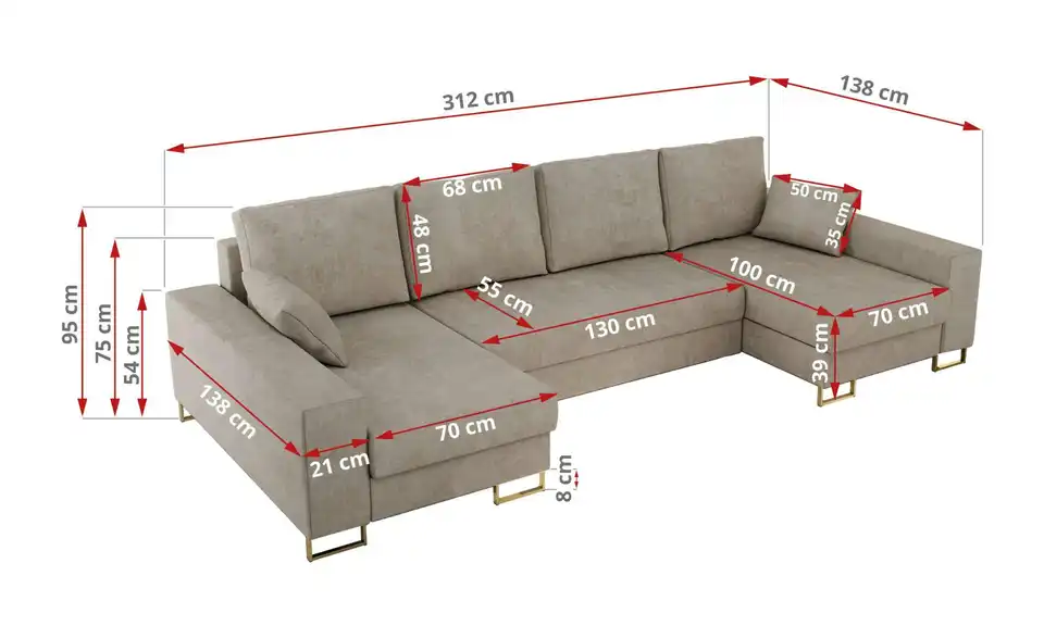 Wohnlandschaft Beige, Bemaßung