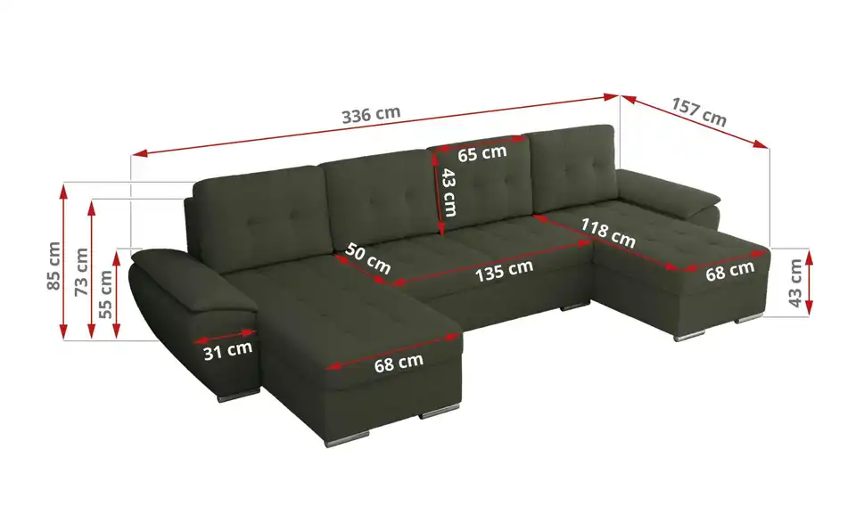 Wohnlandschaft Umbria mit Schlaffunktion, Bemaßung
