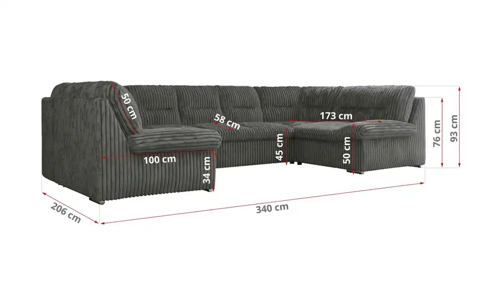 Wohnlandschaft Hellgrau, Bemaßung