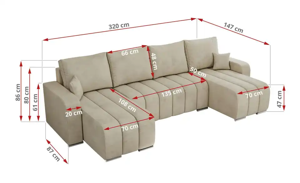 Wohnlandschaft Beige, Bemaßung